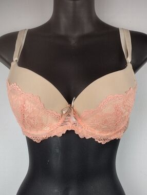 Sofra Pink Lace-Trim Push Up Bra in Tan